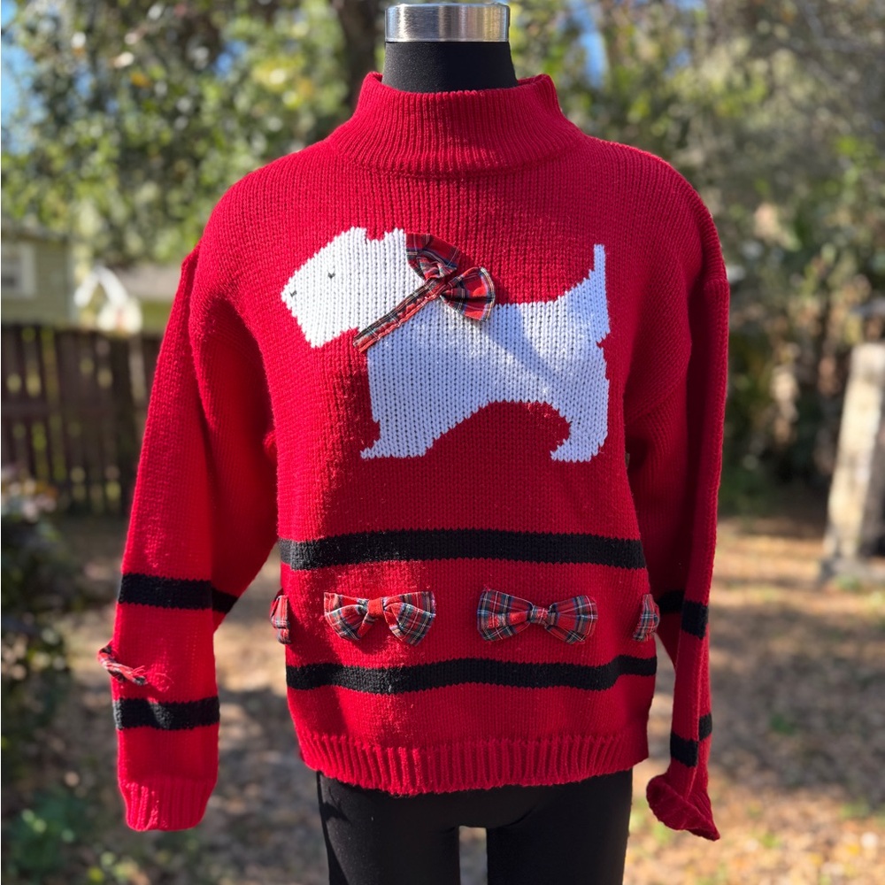 1980s Vintage Spice of Life Scotty Dog Plaid Bows Pullover Sweater - Picture 3 of 9